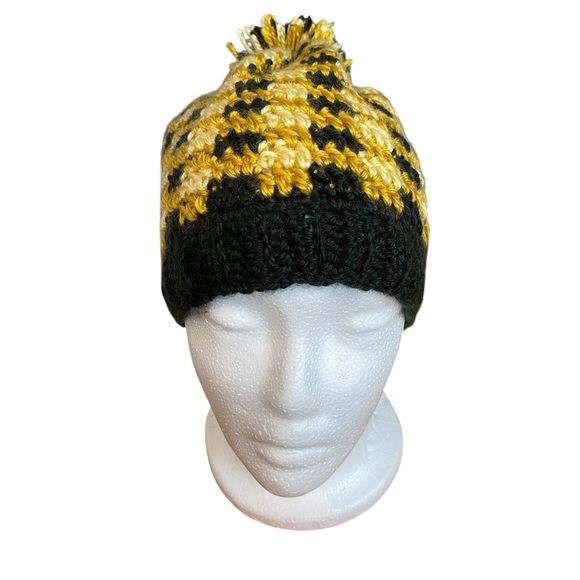 Handmade Gold, Tan, and Black Knit Beanie/Hat with Pom-Pom - Picture 2 of 6